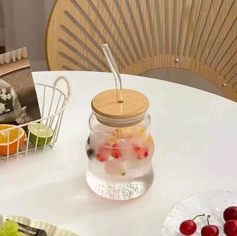 Ribbed & Round Glass Sipper with Glass Straw